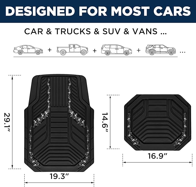 PIC AUTO Car Floor Mats, Black Sparkly Crystal Bling Glitter Car Mats Set, Front and Rear Heavy Duty Rubber Car Mats with Anti-Slip Backing, All Weather, Trim-to-Fit for Automotive SUVs, Sedan, Vans