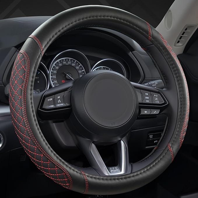 West Llama Microfiber Leather Car Steering Wheel Cover Universal Fit 15-15.5 inch SUV,Sedan,Car,Trucks(Black+Red Line-M-Large Size)