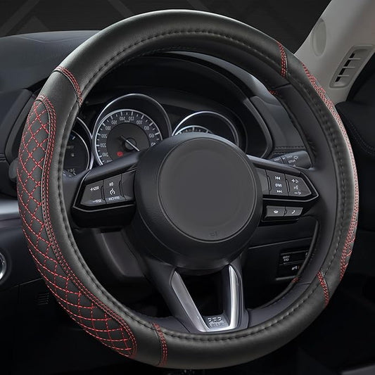 West Llama Microfiber Leather Car Steering Wheel Cover Universal Fit 15-15.5 inch SUV,Sedan,Car,Trucks(Black+Red Line-M-Large Size)
