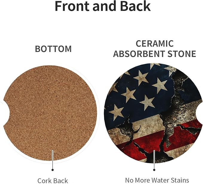 Absorbent Car Coasters for Cup Holders, 2 Pack Universal Anti Slip Ceramic Cup Coaster for Women Men 2.56 Inch Car Interior Accessories - Vintage American Flag 011