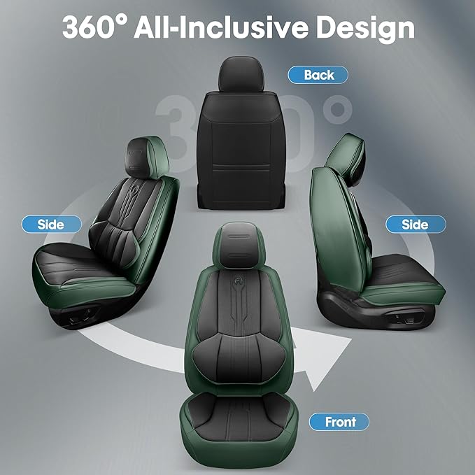 AOOG Seat Covers Custom Fit for Dodge Ram 1500/2500/3500 2002-2025 Faux Leather Seat Cover Set Compatible with Crew, Regular, Quad, Mega Cab, Car Truck Cushions(Blackgreen, Flat, Full Set)