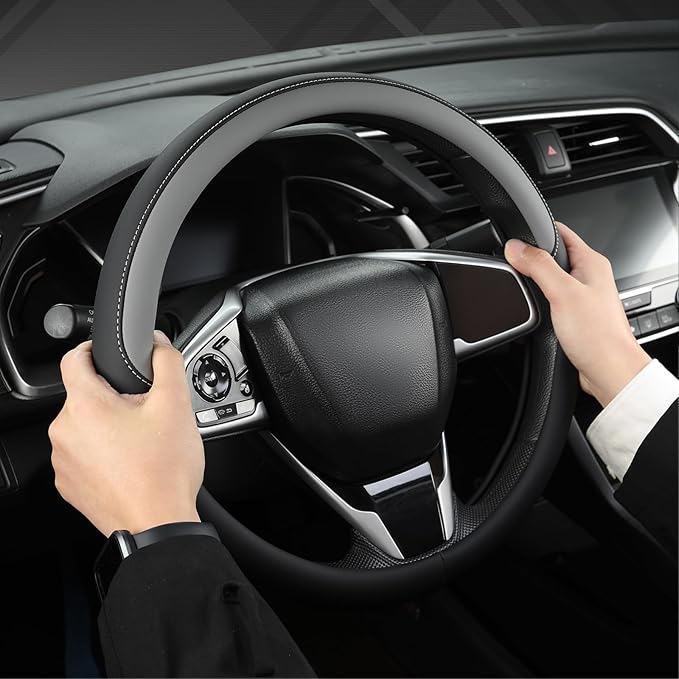 West Llama Thin Car Steering Wheel Cover, Universal 14.5-15 inch Nappa Leather Steering Wheel Cover, Ultra Thin, Anti-Slip, Breathable(Black+Gray-Standard Size)