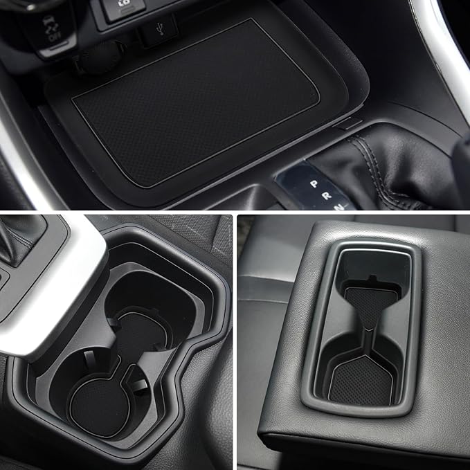 Auovo 3D Cup Holder Insert Liners Compatible with Toyota RAV4 Accessories 2025 2024 2023 2022 2021 2020 2019 Car Custom Cup Holder Mats Pads 3-pc Set (Black Trim)