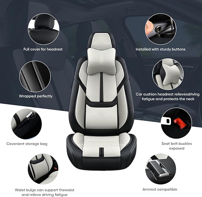 Auto Car Seat Covers Accessories Front Seat Leather Cushion Protector Breathable Waterproof Seat Cover for Cars Universal Fit (Black&White, Front Pair)
