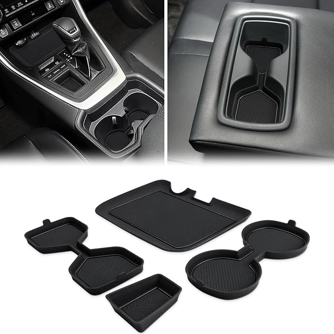 Auovo 3D Cup Holder Insert Liners Compatible with Toyota RAV4 Accessories 2025 2024 2023 2022 2021 2020 2019 Car Custom Cup Holder Mats Pads 4-pc Set (Black Trim)