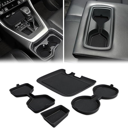 Auovo 3D Cup Holder Insert Liners Compatible with Toyota RAV4 Accessories 2025 2024 2023 2022 2021 2020 2019 Car Custom Cup Holder Mats Pads 4-pc Set (Black Trim)