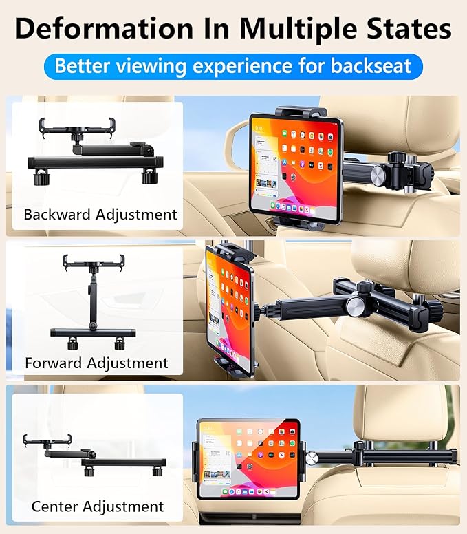 3 in 1 Extension Arm Tablet Holder for Car Headrest with Magnetic Phone Mount Compatible with Magsafe, Adjustable iPad Holder for Car Backseat Rear Facing for Kids Baby, Fit for 4.7"-13", Black
