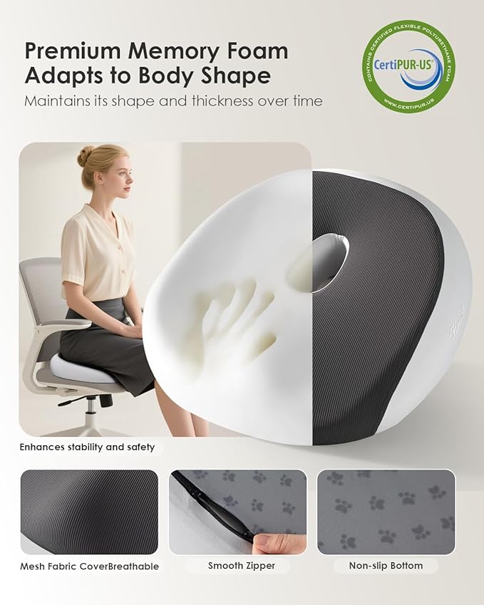 FLORICH Seat Cushion, Memory Foam Cushion for Office Chair, Ergonomic Office Seat Chair Cushion for Relieving Sciatica, Soft & Breathable Car Seat Cushion - Grey