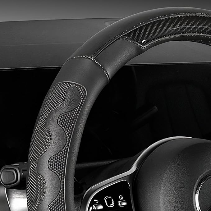 SEG Direct Car Steering Wheel Cover Small Size for Prius Civic Model 3 Model Y Camaro Rogue with 14"-14 1/4" Embossed Microfiber Leather with Carbon Fiber Pattern Black
