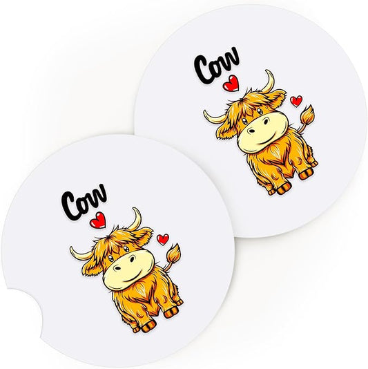 2 Pack Highland Cow Car Cup Holder Coaster, Cute Car Interior Accessories Drink Coaster for Women & Men, Cow Lovers Themed Gifts Stuff Accessories Things Merchandise Items!