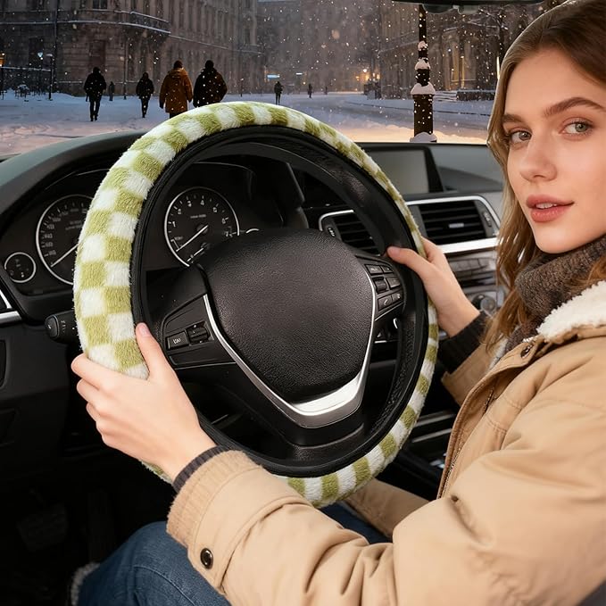 Green and White Checkered Fuzzy Steering Wheel Cover for Women, Universal Auto Steering Wheel 14-15 Inch Soft Warm Car Interior Accessories with 2PCS Car Coasters, Suitable for Men and Women