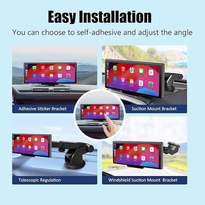 10.26″ Wireless Apple CarPlay & Android Auto Touchscreen – Portable Car Dashboard with 4K Front DVR, 1080P Rear Camera, GPS Navigation, Loop Recording, Mirror Link, Voice Control