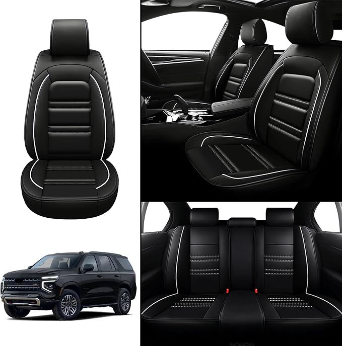 Seat Covers for Tahoe 1995-2025 | 5-Seats Leather Seat Covers, Easy to Install Automotive Seat Covers Full Set (Full Set, Black&White Line)