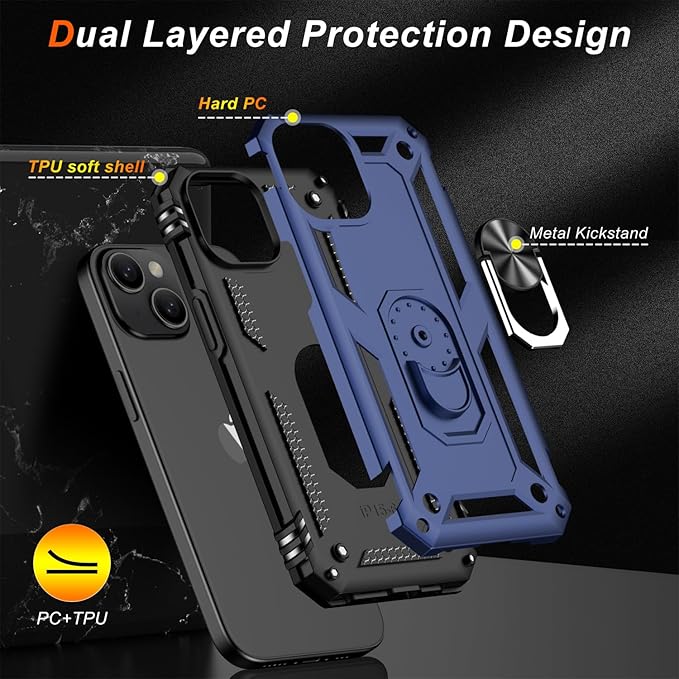 IKAZZ for iPhone 13 Case 6.1 Inch with Screen Protector,Military Grade Shockproof Heavy Duty Protective Phone Cover Pass 16ft Drop Test with Magnetic Kickstand Car Mount Holder,Blue