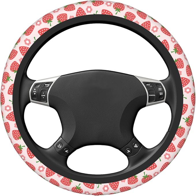 Pink Car Accessories Cute Strawberry Flower Steering Wheel Cover Women Car Steering Wheel Covers Protector Universal 15 Inch