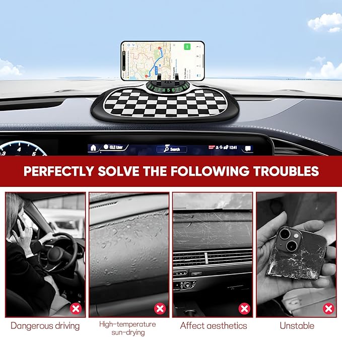 Wuyaoyao Multifunction Car Anti-Slip Mat Auto Phone Holder, PVC Car Dashboard Non-Slip Pad Phone Mount with Temporary Parking Number, Automotive Sticky Dash Pad for Phones, Keys, Gadgets (Black+White)