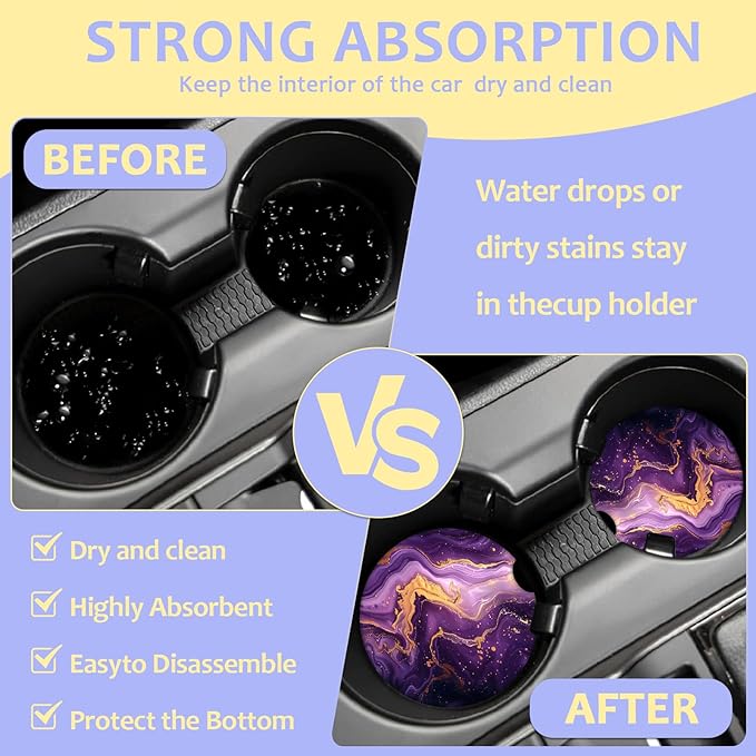 2 Pack Car Cup Holder Coaster-Purple Marble Absorbent Ceramic Coaster, Car Coasters for Cup Holders,Auto Accessories for Women & Men