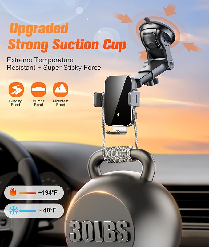 Wireless Car Charger Mount Auto Clamping, 15W Fast Charging Car Phone Holder Charger for Dash Windshield Vent for iPhone 17 16 15 14 13 12 Pro Max, Samsung Galaxy S25 S24+ S23 Ultra S22 S21+