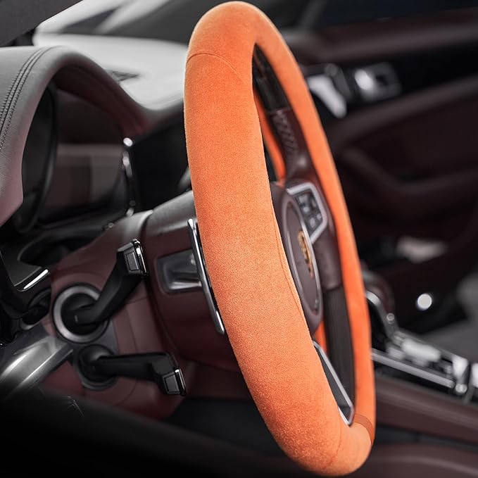 OURTIME Faux Suede Car Steering Wheel Cover, Universal 15 inch,Non-Slip,Comfortable,Soft,Microfiber Breathable Suede Fabric,Warm in Winter and Cool in Summer (Black)