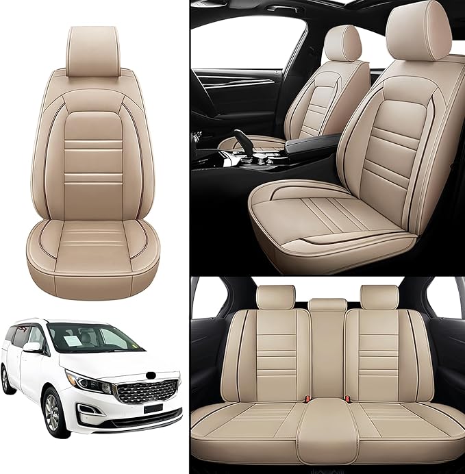 Seat Covers for kia Sedona 2003-2021 | 5-Seats Leather Seat Covers, Easy to Install Automotive Seat Covers Full Set (Full Set, Beige)