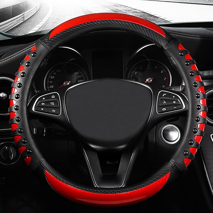 3D Massage Red Carbon Fiber Leather Steering Wheel Cover, 14.5-15 Inch Non-Slip Breathable Microfiber Car Steering Wheel Protector