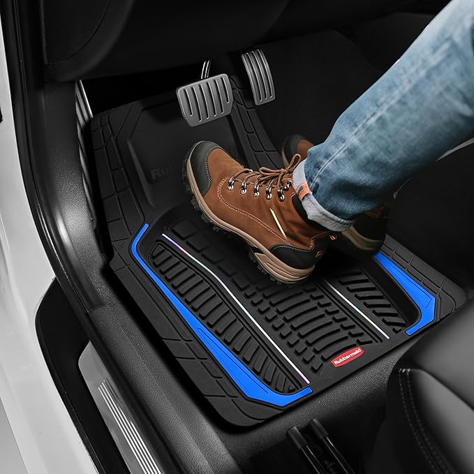 Rubbermaid Car Floor Mats Full Set – Premium All-Weather Car Mat with Brushed Aluminum Inserts, Universal Trim-to-Fit Design, Anti-Slip Backing for Cars, SUVs, Trucks, and Vans