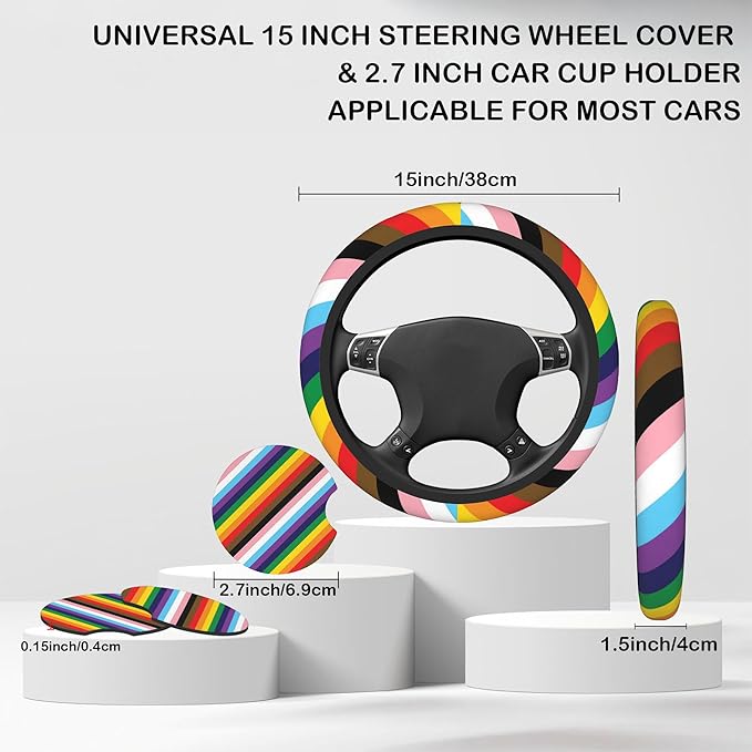 Rainbow Stripes Steering Wheel Cover for Women, Anti-Slip Car Steering Wheel Cover with 2 Pcs Cup Holders Neoprene Breathable Car Accessories Universal 15 Inch Auto Interior Decor