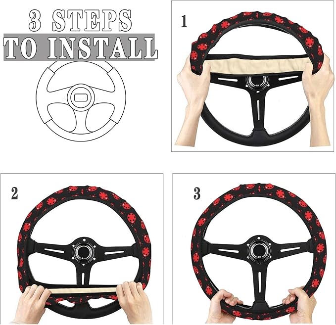 Red Black Ladybug Pattern Steering Wheel Covers Anti-Slip Elasticity Car Accessories Steering Wheel Protector Universal 15 Inch for Cars SUV Vehicle Truck