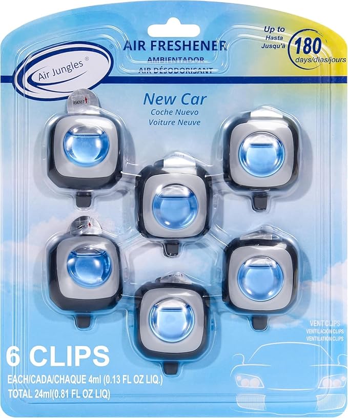 Air Jungles New Car Scent Car Air Freshener Vent Clip, 6 Count Long Lasting Up to 180 days, Car Fragrance for Women and Men, Odor Eliminator - 4ml Each