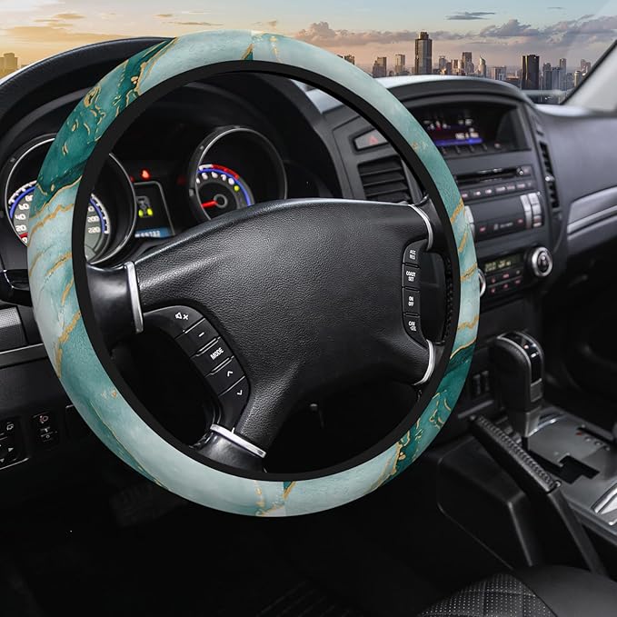 Green Marble Steering Wheel Covers Women Men Turquoise Marble Abstract Sea Wave Universal Steering Wheel Cover for Trucks Auto Vans Car Wheel Cover 15 Inch
