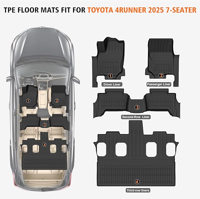All Weather Car Floor Mats for 2025 2026 Toyota 4Runner 7 Seats (SR5/Limited), TPE Rubber Floor Liners Anti-Slip Full Set Automotive Mats for 2025 2026 Toyota 4Runner Accessories (Not for Hybrid/EV)