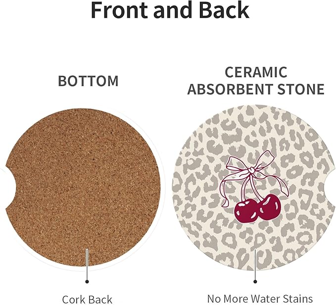 Absorbent Car Coasters for Cup Holders, 2 Pack Universal Anti Slip Ceramic Cup Coaster for Women Men 2.56 Inch Car Interior Accessories - Bow Tie Cherry Leopard 008