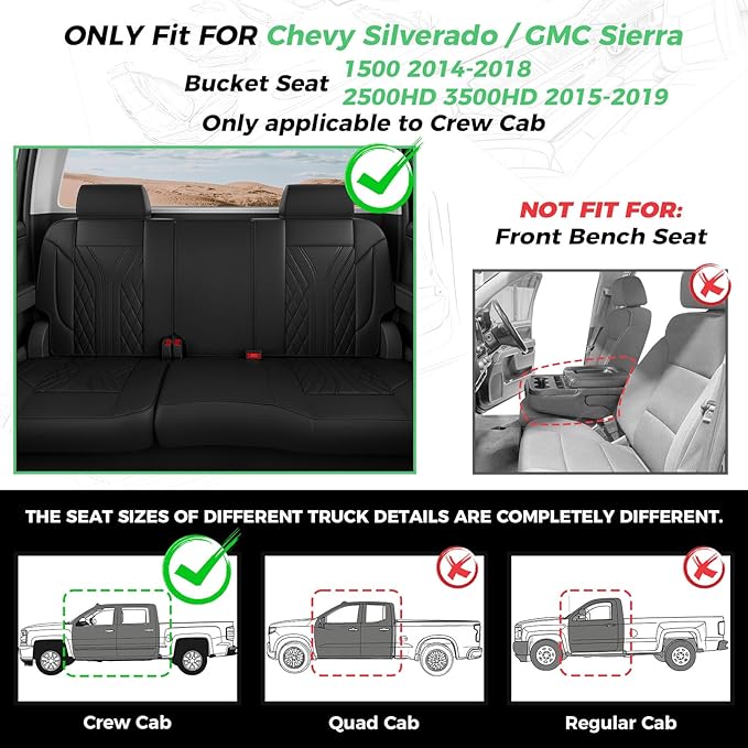 for Chevy Silverado GMC Sierra Waterproof Seat Covers, Crew Cab 1500 2014-2018, 2500HD 3500 HD 2015-2019, Truck Protectors Accessories Full Set, Black