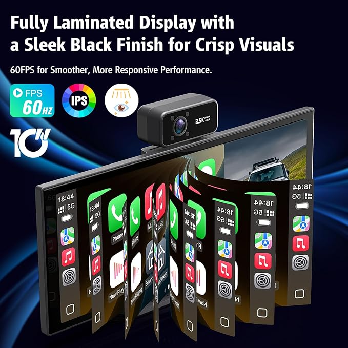 Portable Wireless CarPlay Screen, 10.26" Fully Laminated IPS Touch Screen Car Stereo with Wireless CarPlay & Android Auto, 4K Front 2.5K Rear Dash Cam,1080P Backup Camera,Super Link,Plug & Play