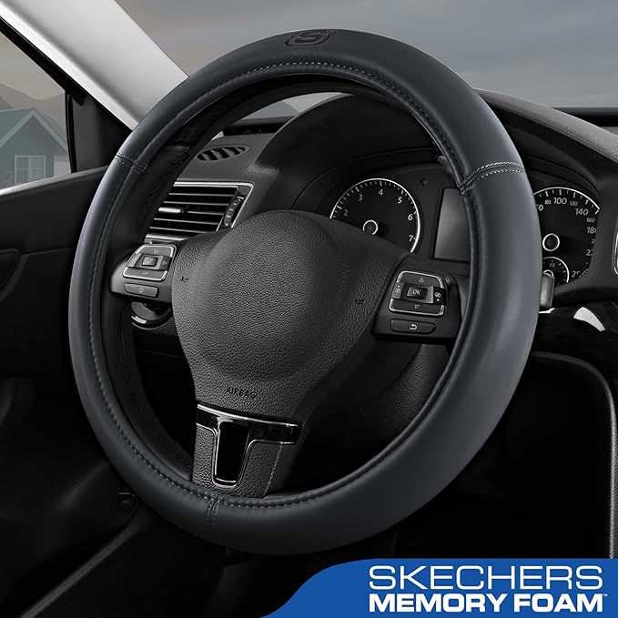 Skechers Memory Foam Steering Wheel Cover,Grade Protein Leather Steering Wheel Cover,Universal Anti-Slip Fit 14" 1/2-15" Car Wheel Cover for Men Women Fit Suvs,Vans,Sedans,Car,Trucks,Grey