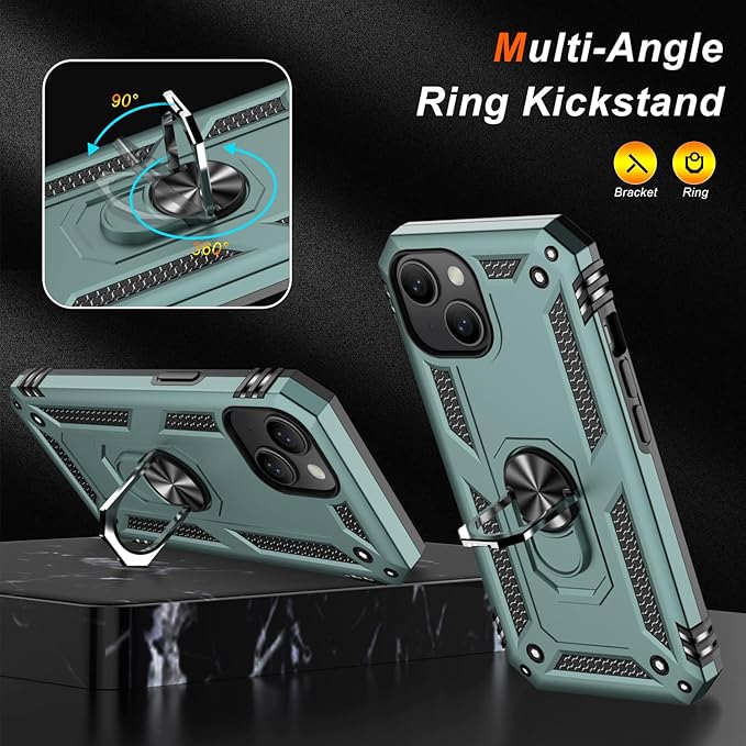 IKAZZ for iPhone 15 Case 6.1 Inch with Screen Protector,Military Grade Shockproof Heavy Duty Protective Phone Cover Pass 16ft Drop Test with Magnetic Kickstand Car Mount Holder,Pine Green