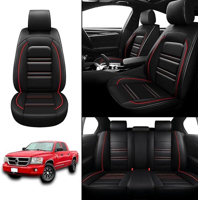 Seat Covers for Dodge Dakota 2000-2011 | 5-Seats Leather Seat Covers, Easy to Install Automotive Seat Covers Full Set (Full Set, Black&Red Line)