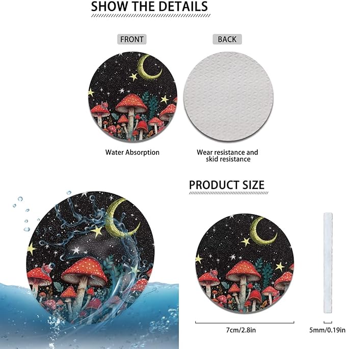 Moon & Mushroon Car Decor Set Steering Wheel Cover Cute Armrest Cushion Fashion Car Interior Accessories for Men Women 6 PCS