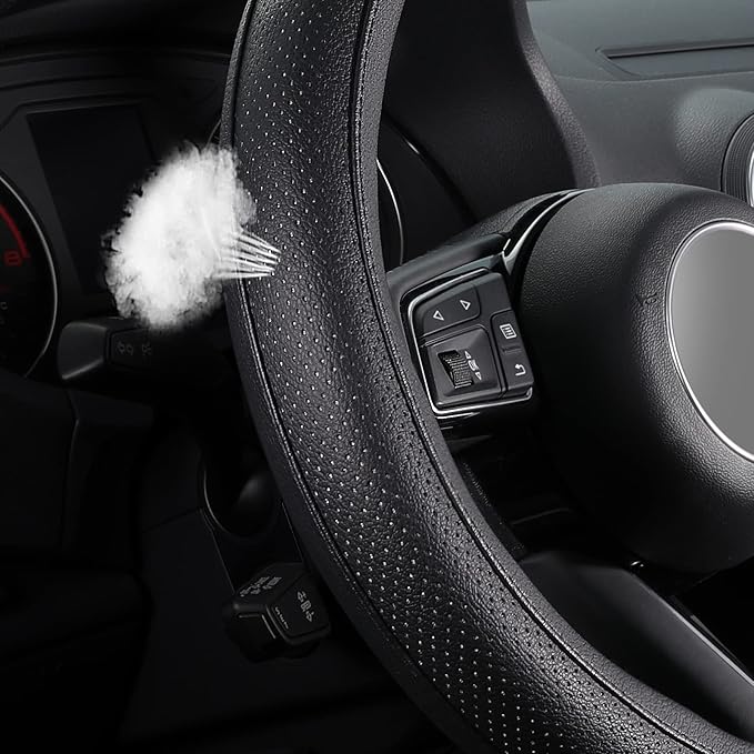 SEG Direct Black Car Steering Wheel Cover Small Size 14-14.25 inch (35.5-36 cm), for Prius Civic Model 3 Model Y Camaro, Breathable Microfiber Leather