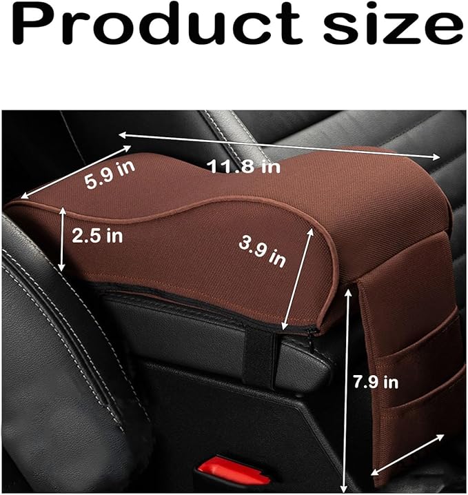 Auto Center Console Armrest Pillow Pad, Car Armrest Cushion Soft Memory Foam with Phone Holder Storage, Pockets Bag Seat Cushion Universal Fit for Most Car (Brown)