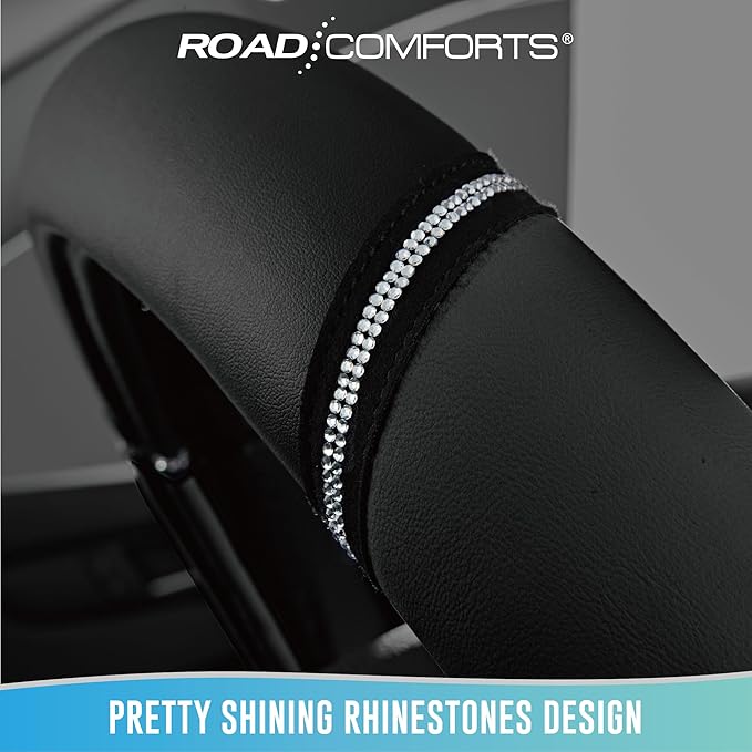 Road Comforts Leather Steering Wheel Cover - Made with PVC Leather - Anti-Slip, Universal Fit 14 1/2 inches to 15 inches - Black
