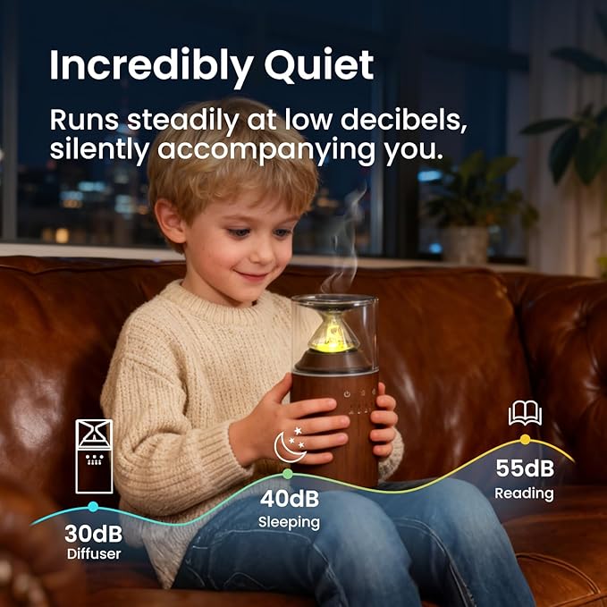 Waterless Essential Oil Nebulizing Portable Wireless Diffuser, Premium Glass and Solid Wood Aroma Diffuser for Home Office Bedroom Car, Elegant Gift Packaging with Essential Oil 10ml (Lemon)