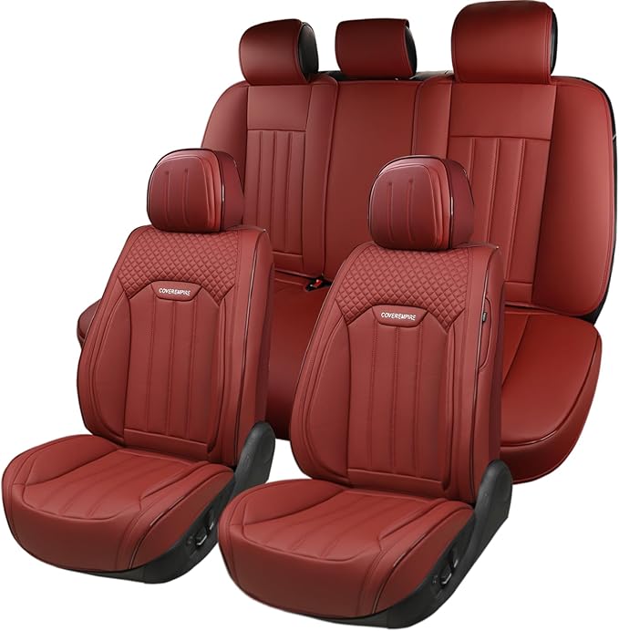 Red Car Seat Covers Full Set, Universal Leather Seat Cover for Cars 5 Seats, Waterproof and Breathable Automotive Seat Cover Front and Rear Seat Covers for Most Trucks, Sedans, SUVs