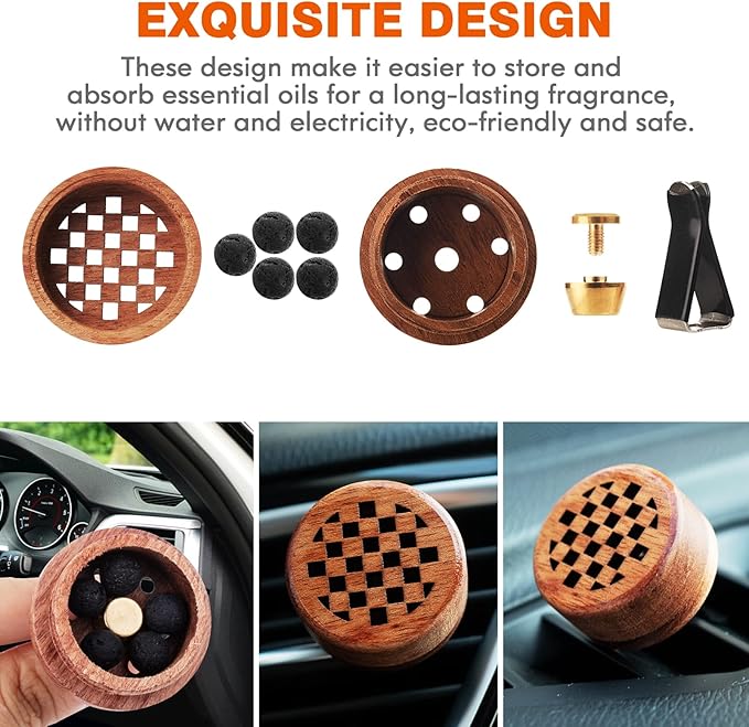 Essential Oil Car Diffuser, 2 PCS Checkered Car Aromatherapy Chequerboard Wood Diffuser with Vent Clip