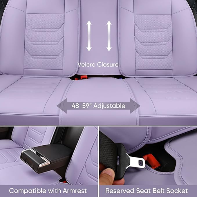 Leather Car Seat Covers Full Set with Lumbar Support, Waterproof Car Seat Cover, Universal Seat Covers for Cars, Trucks, SUVs, Sedans, Airbag Compatible, Front Pair and Rear, Purple