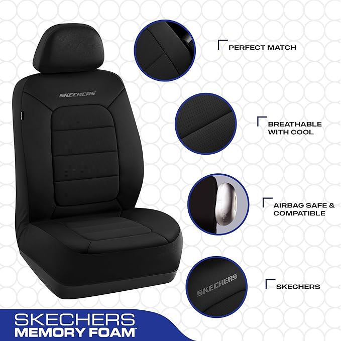 Skechers Memory Foam Car Seat Covers,Thick Cool Touch Fabric Seat Covers Front Seat Covers Airbag Compatible,Automotive Comfort Protection for Most Cars,Vans,Trucks,SUV,Black