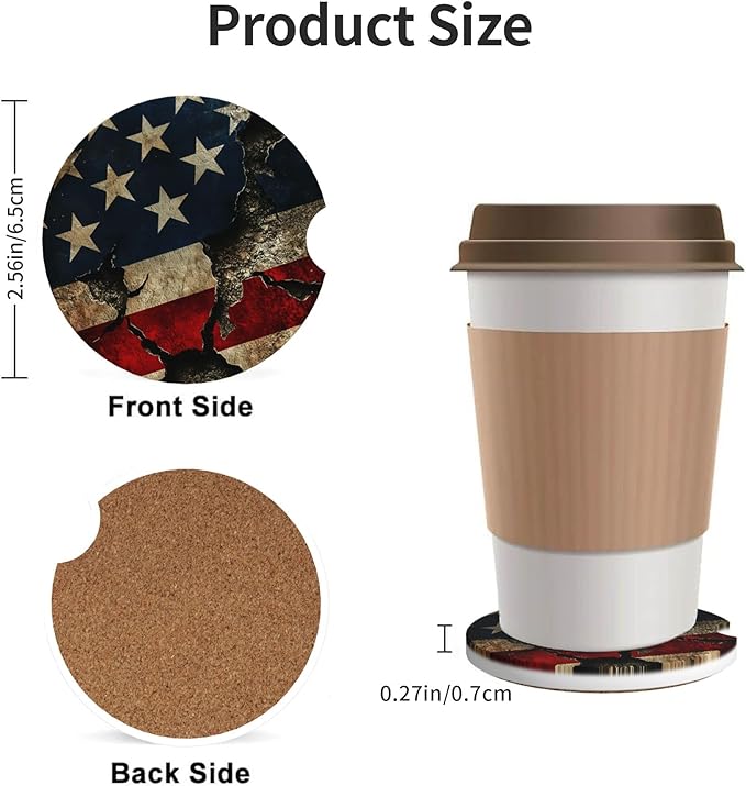 Absorbent Car Coasters for Cup Holders, 2 Pack Universal Anti Slip Ceramic Cup Coaster for Women Men 2.56 Inch Car Interior Accessories - Vintage American Flag 011
