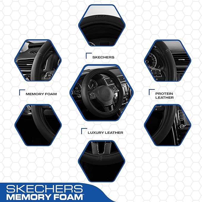 Skechers Memory Foam Steering Wheel Cover,Grade Protein Leather Steering Wheel Cover,Universal Anti-Slip Fit 14" 1/2-15" Car Wheel Cover for Men Women Fit Suvs,Vans,Sedans,Car,Trucks,Black