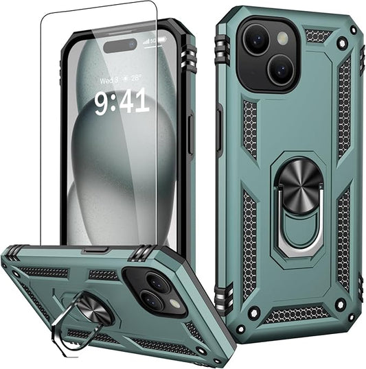 IKAZZ for iPhone 15 Case 6.1 Inch with Screen Protector,Military Grade Shockproof Heavy Duty Protective Phone Cover Pass 16ft Drop Test with Magnetic Kickstand Car Mount Holder,Pine Green