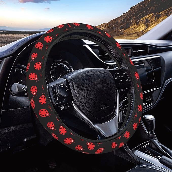 Red Black Ladybug Pattern Steering Wheel Covers Anti-Slip Elasticity Car Accessories Steering Wheel Protector Universal 15 Inch for Cars SUV Vehicle Truck